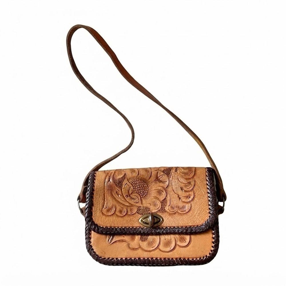 Vintage 70s Boho Hand Tooled Leather Floral Crossbody Bag Saddle Purse Botanical